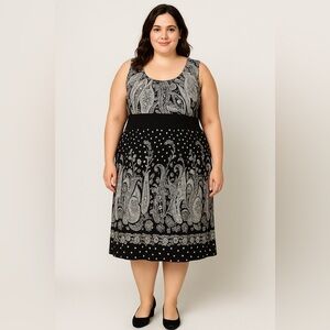 Black & White Dress Boho Paisley Polka Dot Midi Sleeveless Kathy Roberts Size 18